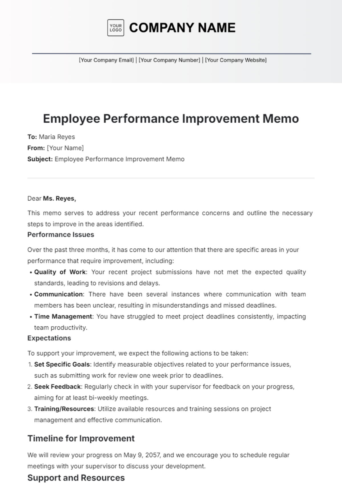 Employee Performance Improvement Memo Template - Edit Online & Download