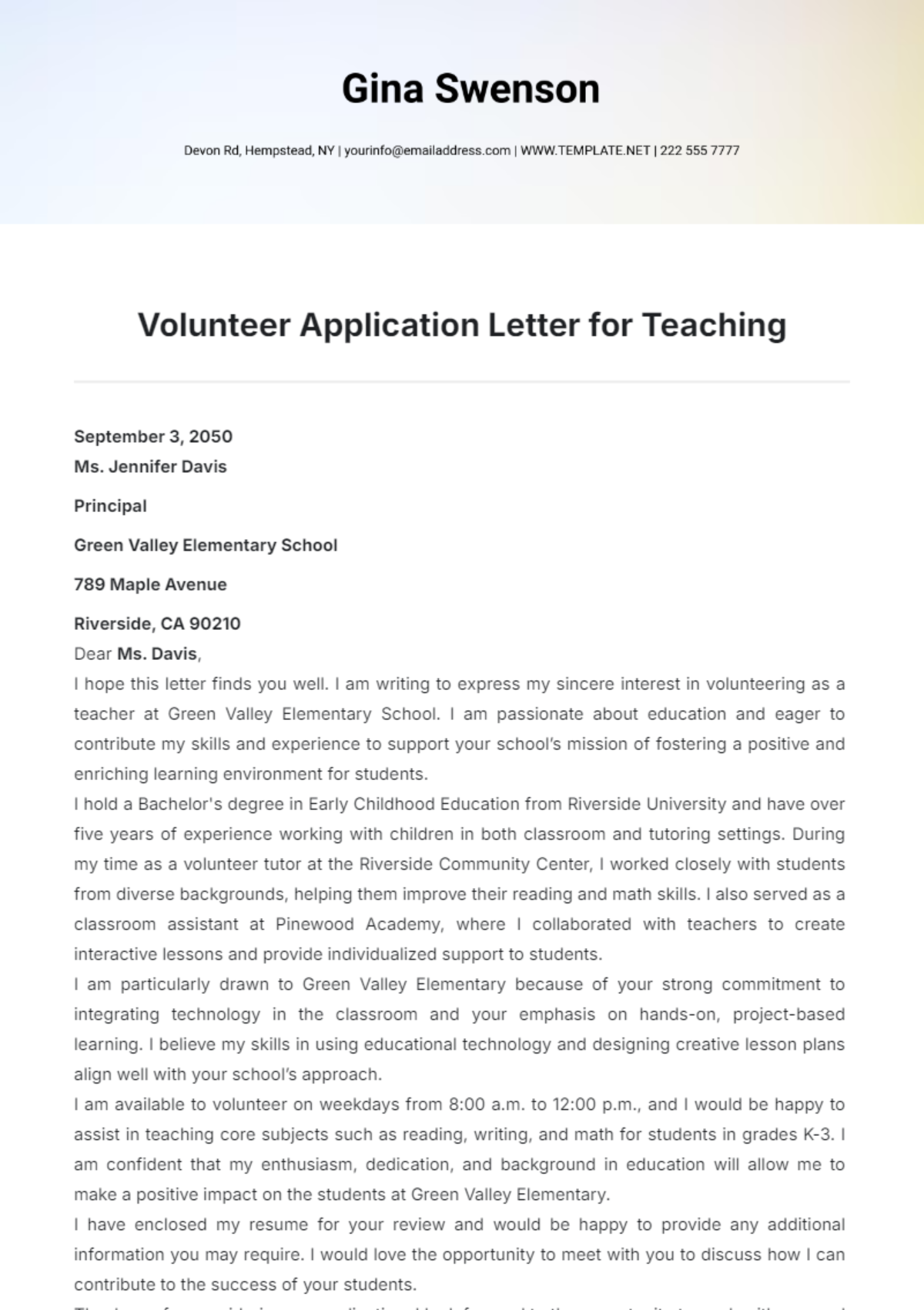 Volunteer Application Letter for Teaching Template - Edit Online & Download