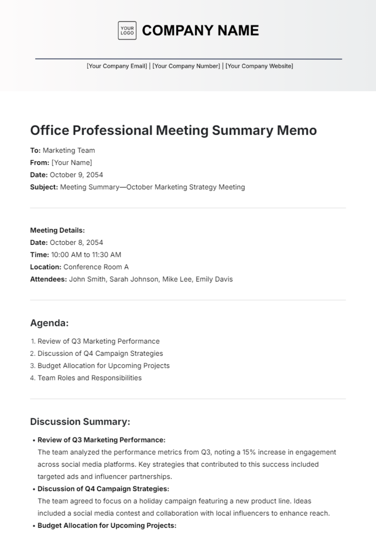 Office Professional Meeting Summary Memo Template - Edit Online & Download