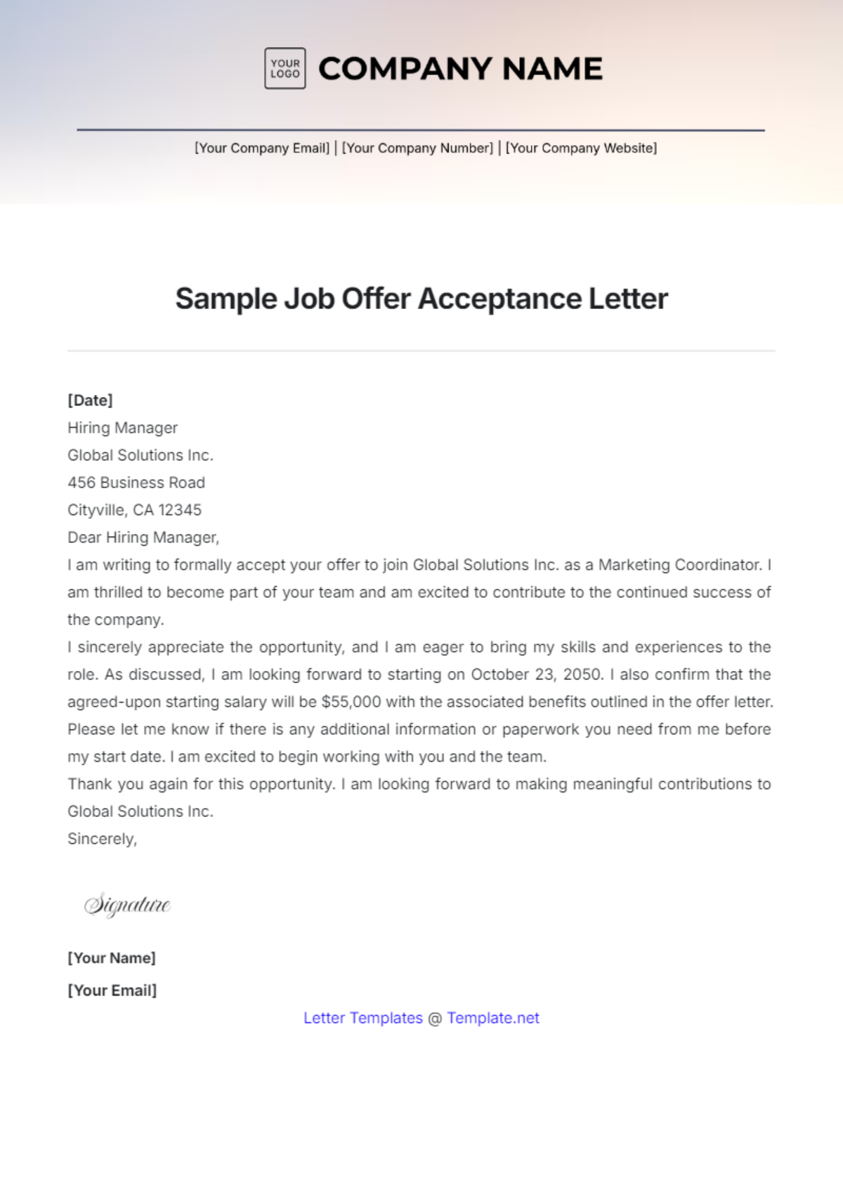 Sample Job Offer Acceptance Letter Template - Edit Online & Download