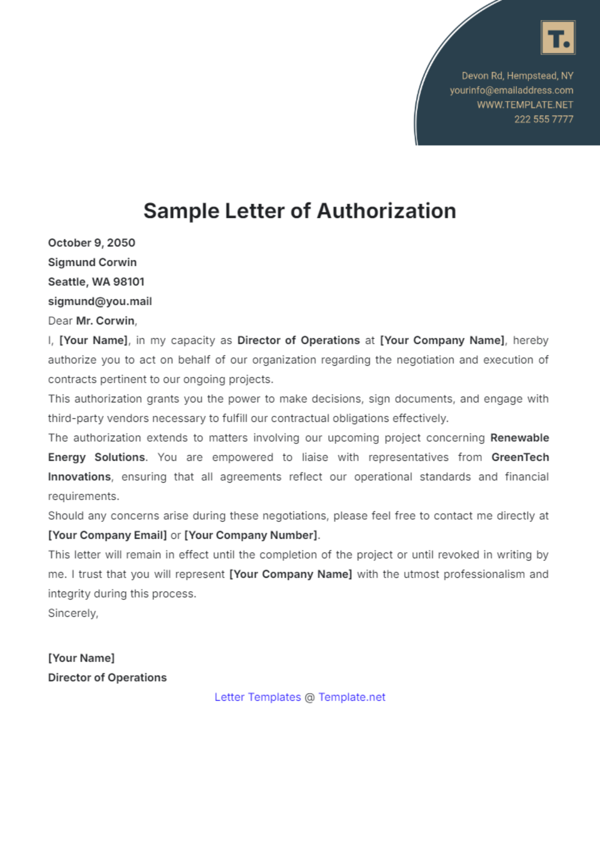 Sample Letter of Authorization Template - Edit Online & Download