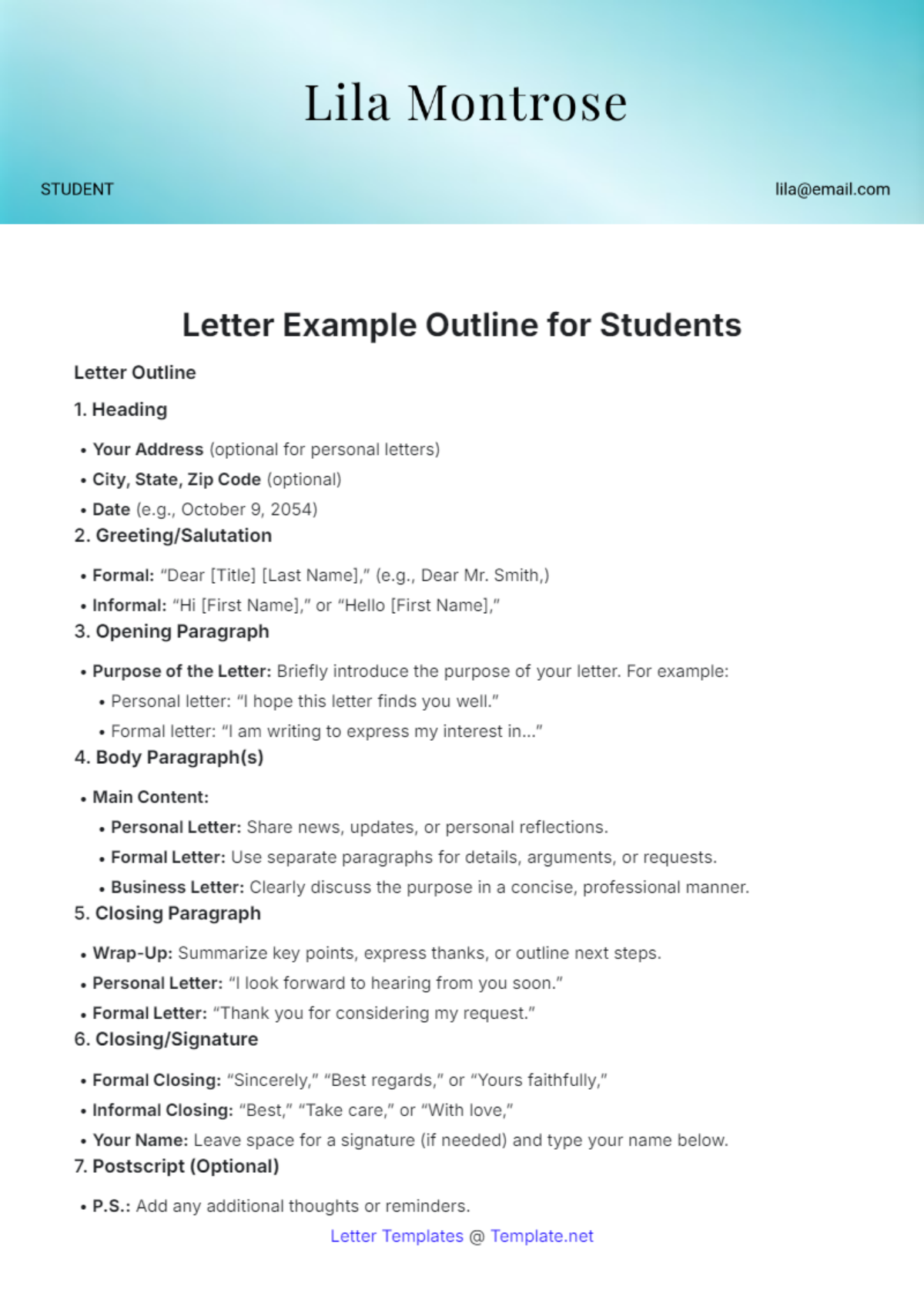 Letter Example Outline for Students Template - Edit Online & Download