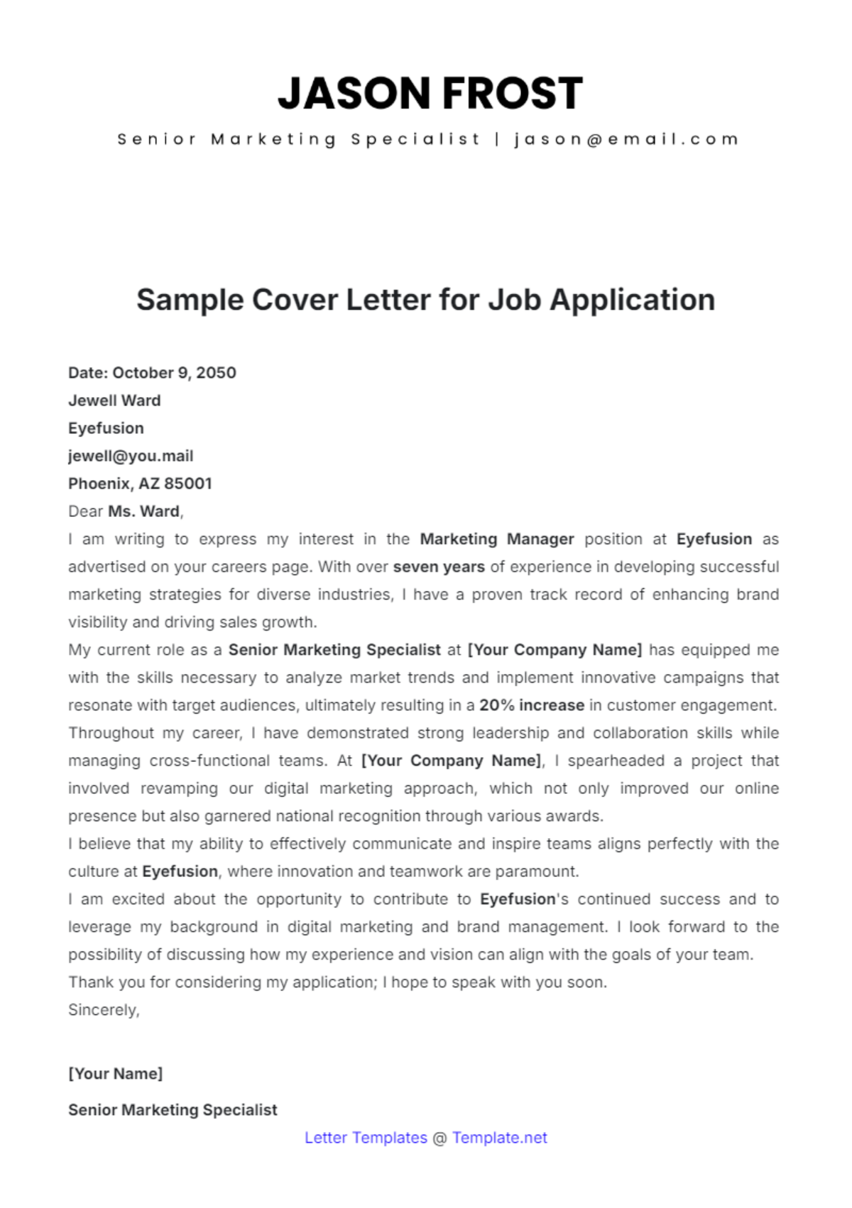 Sample Cover Letter for Job Application Template - Edit Online & Download