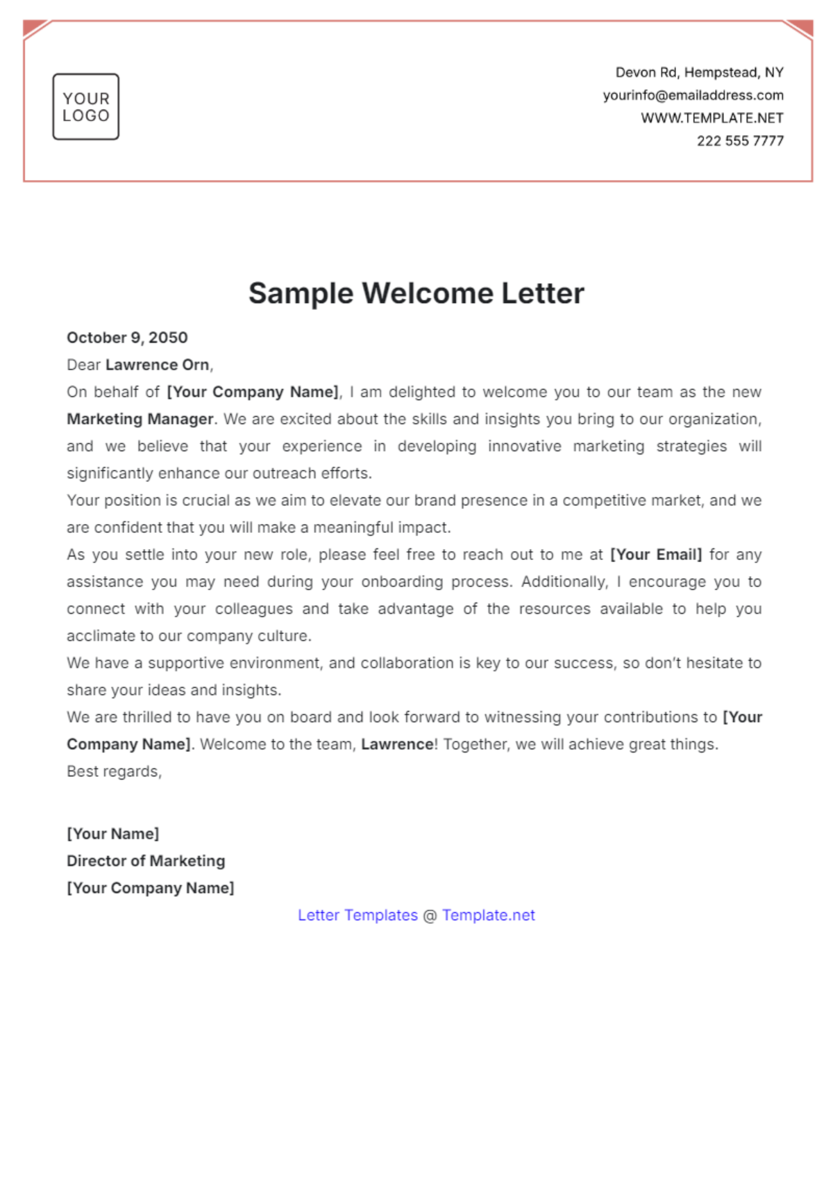 Sample Welcome Letter Template - Edit Online & Download