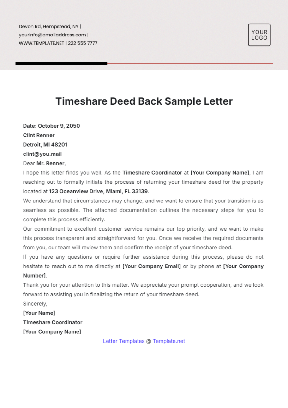 Timeshare Deed Back Sample Letter Template - Edit Online & Download