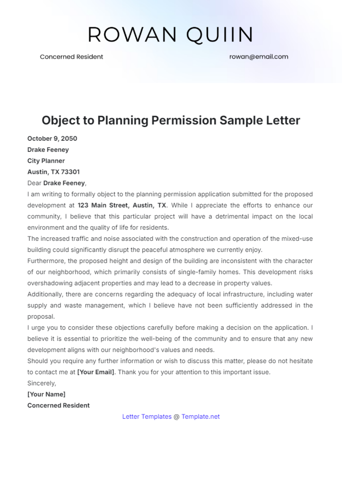 Object to Planning Permission Sample Letter Template - Edit Online & Download