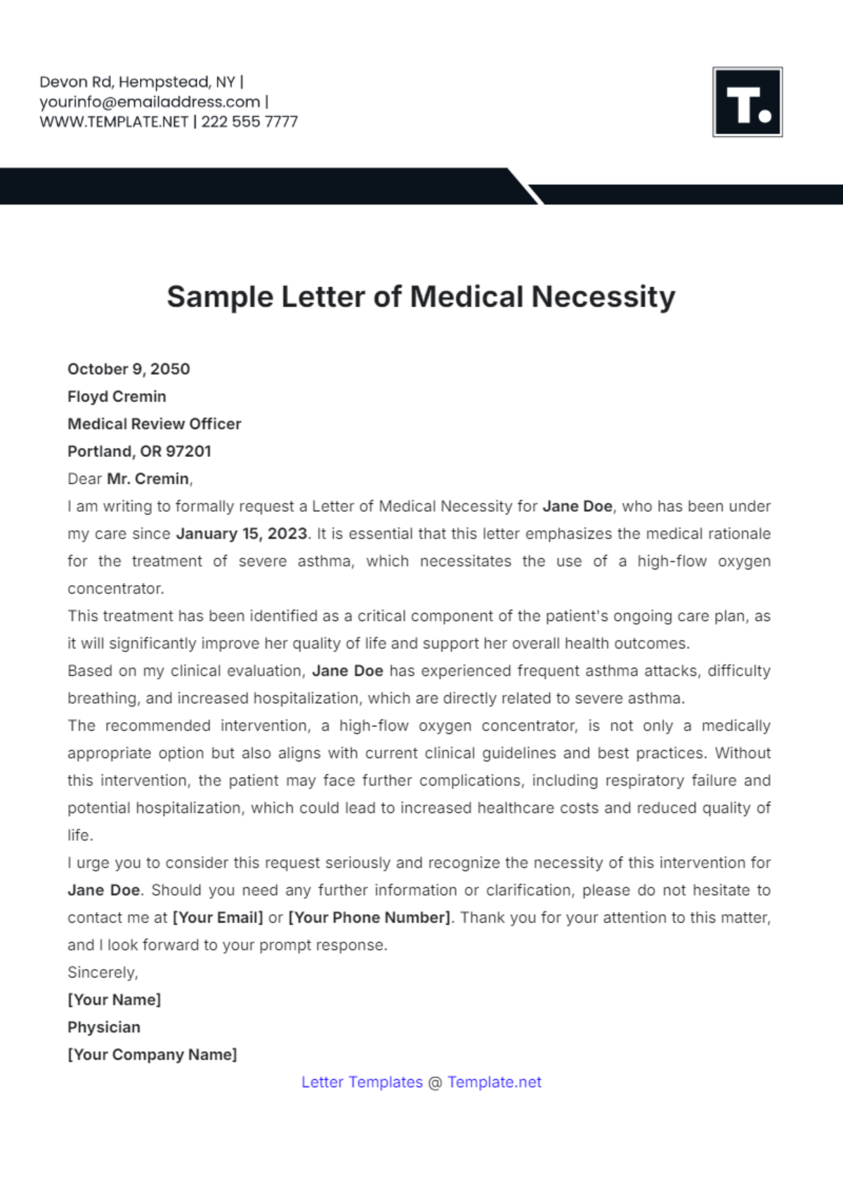 Sample Letter of Medical Necessity Template - Edit Online & Download