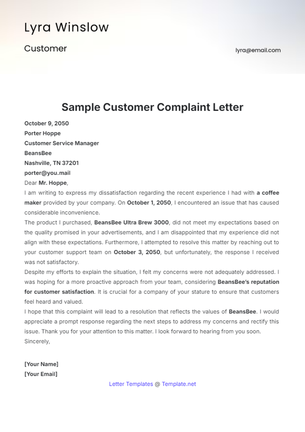 Sample Customer Complaint Letter Template - Edit Online & Download