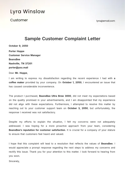 Free Sample Customer Complaint Letter Template to Edit Online
