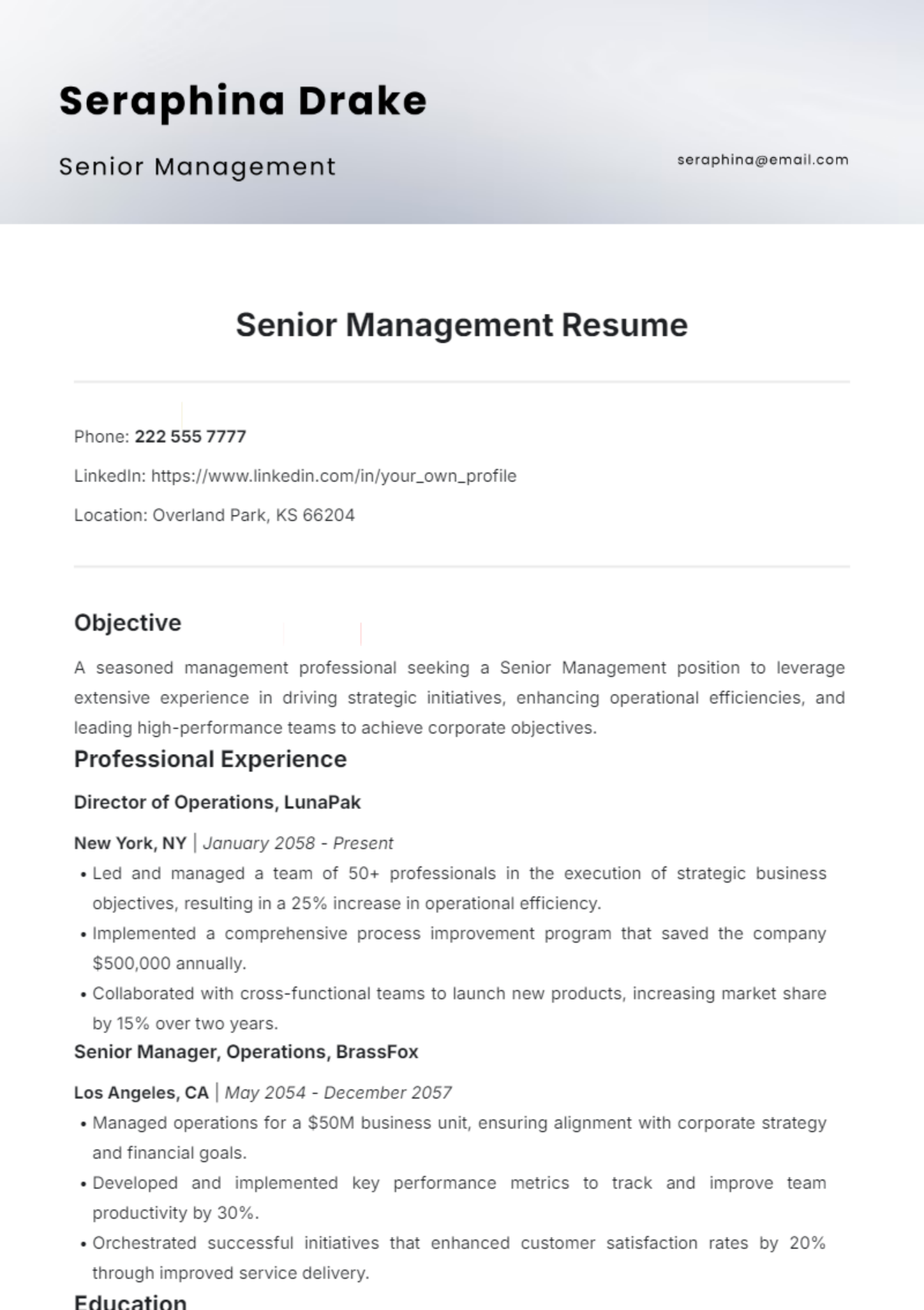 Senior Management Resume Template - Edit Online & Download