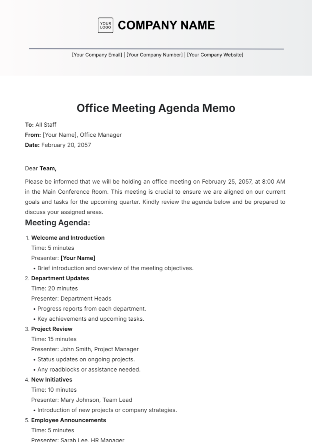 Office Meeting Agenda Memo Template - Edit Online & Download