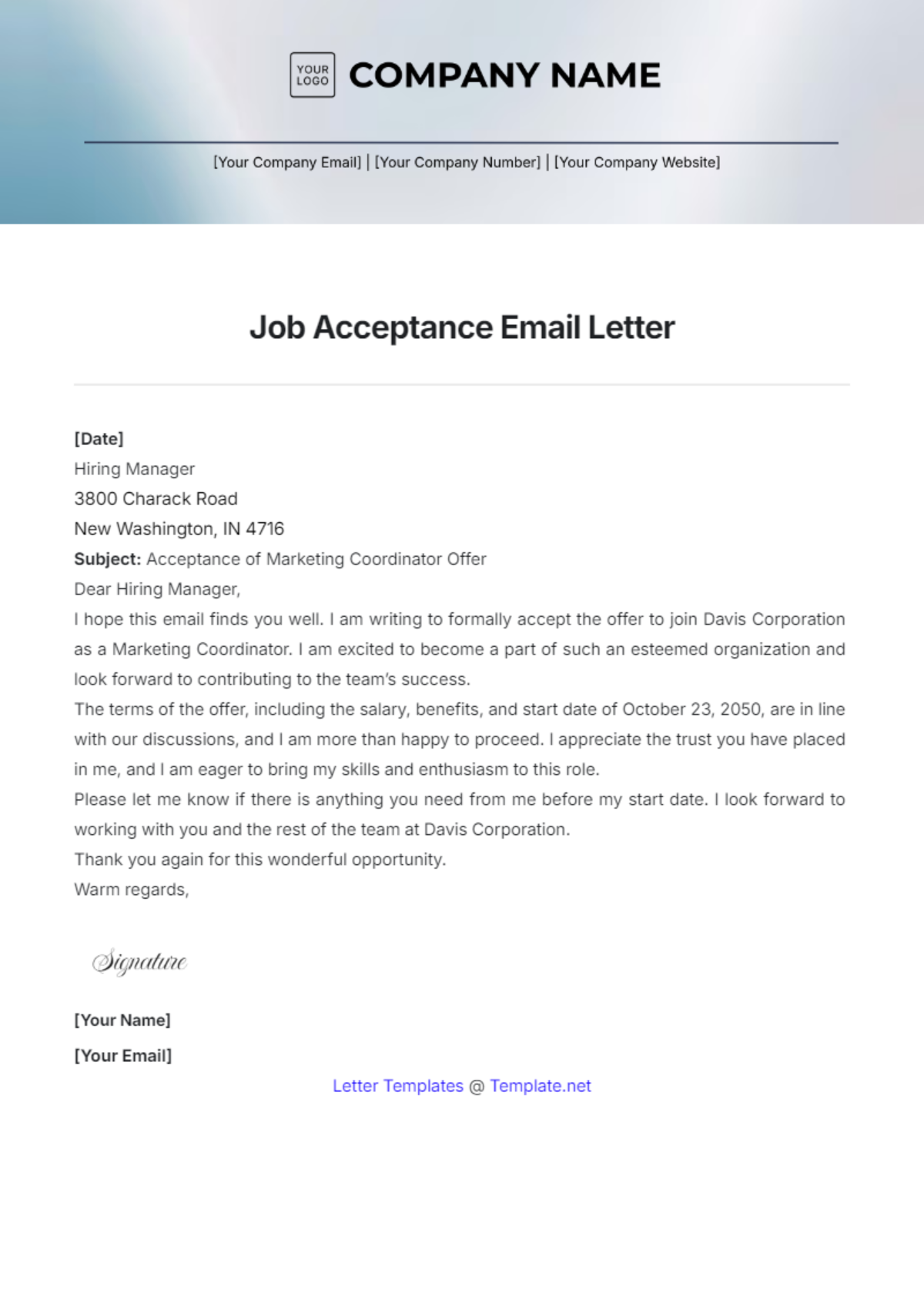 Job Acceptance Email Letter Template - Edit Online & Download