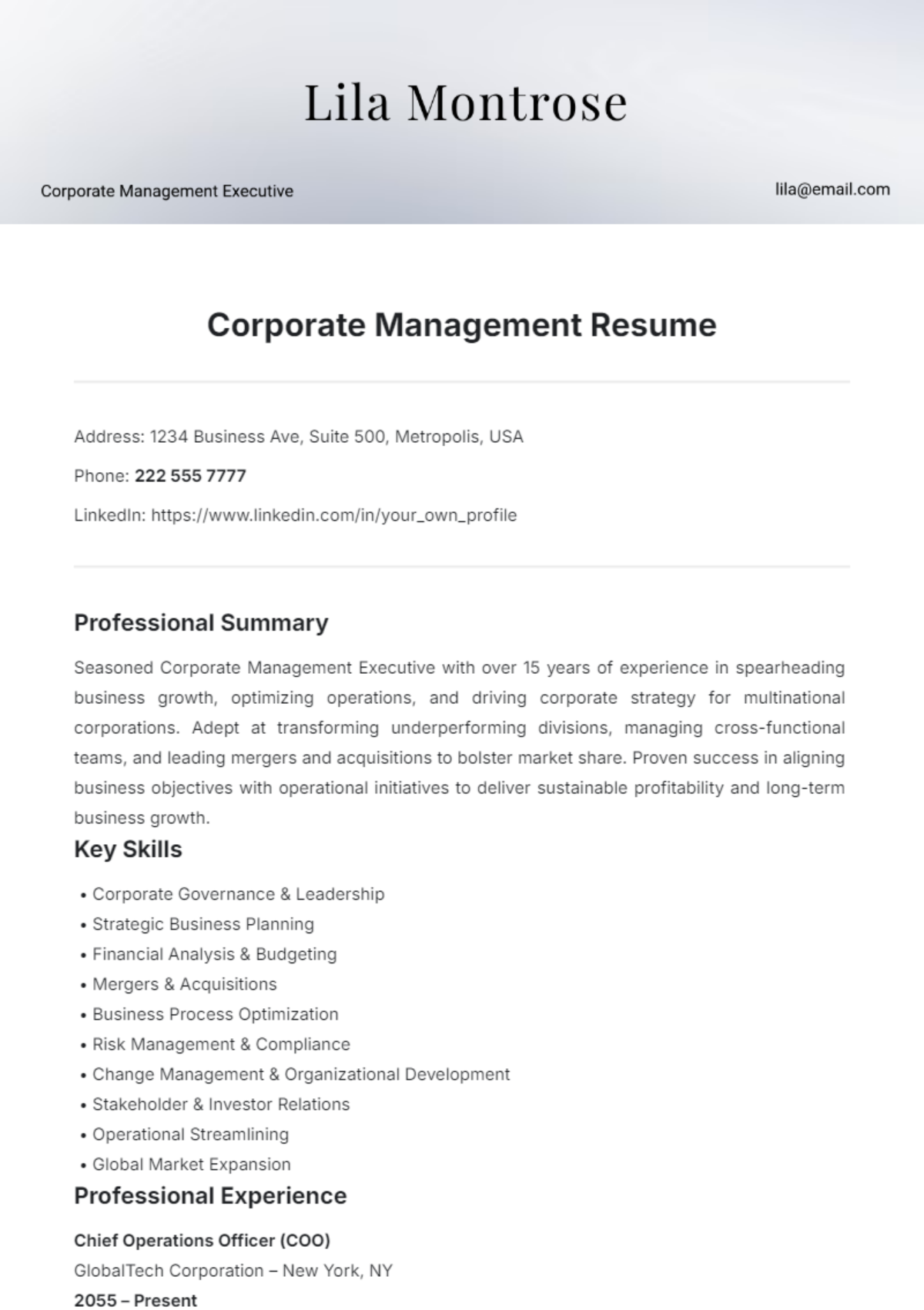 Corporate Management Resume Template - Edit Online & Download