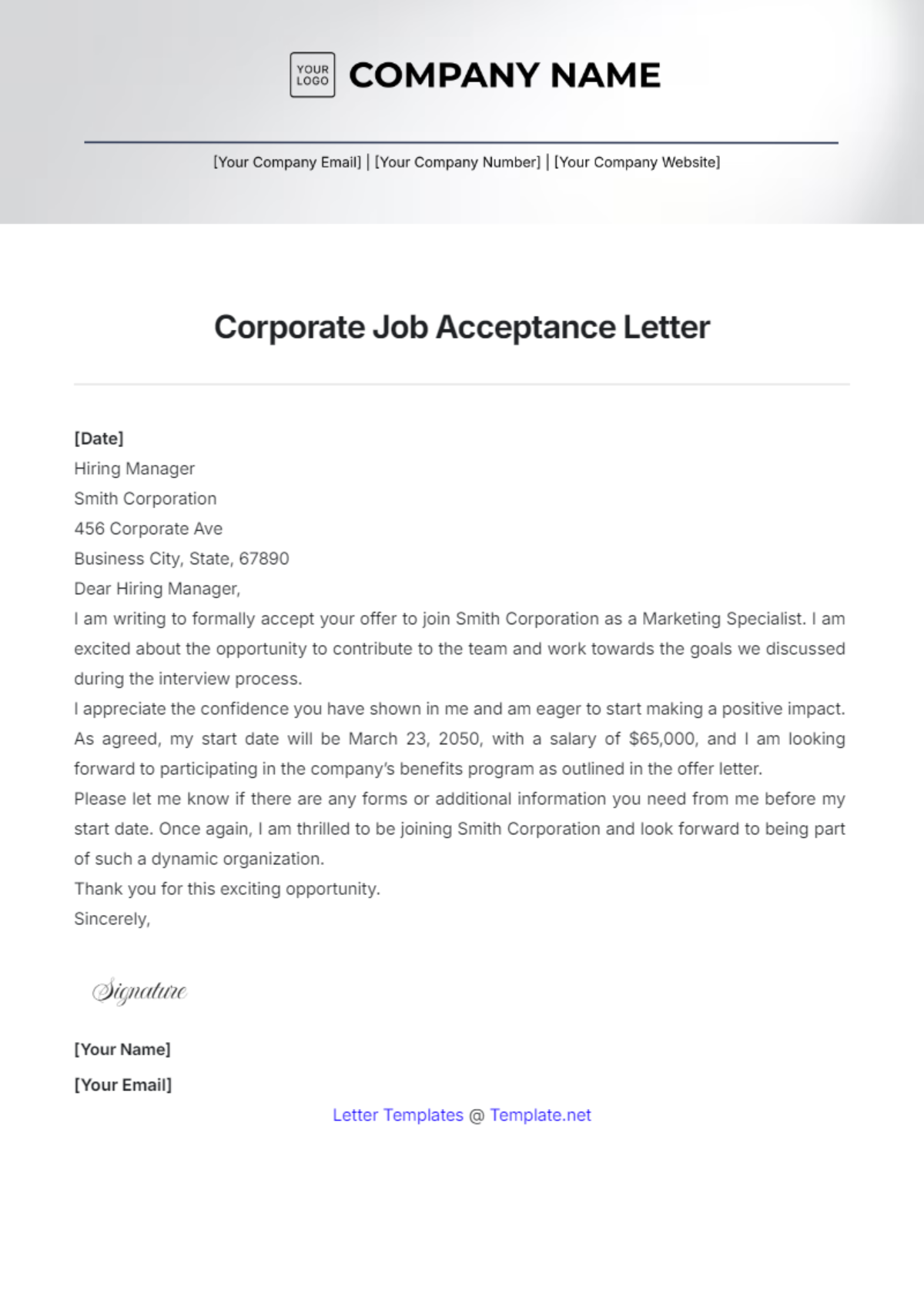 Corporate Job Acceptance Letter Template - Edit Online & Download