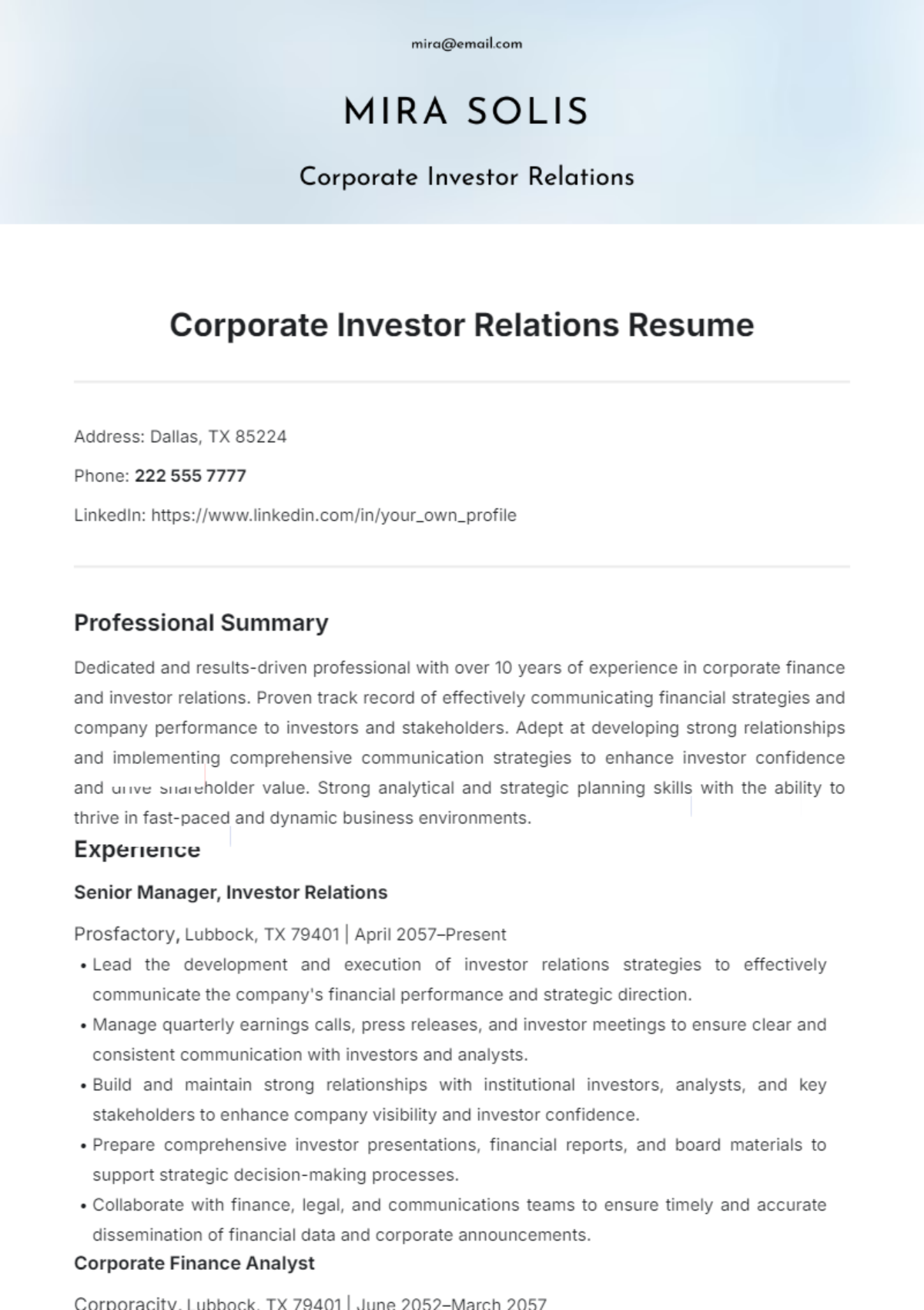 Corporate Investor Relations Resume Template - Edit Online & Download