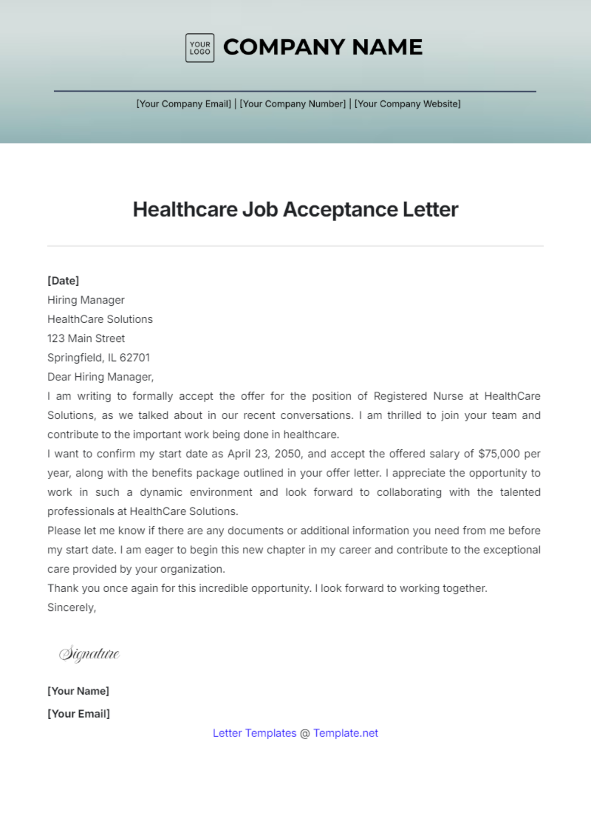 Healthcare Job Acceptance Letter Template - Edit Online & Download