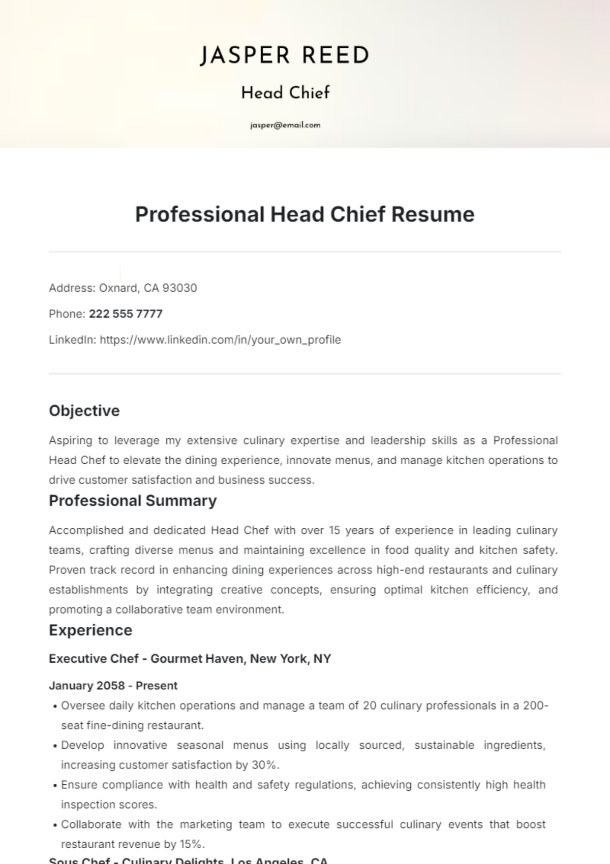 Professional Head Chief Resume Template - Edit Online & Download