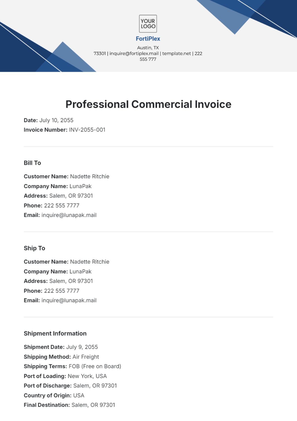 Professional Commercial Invoice Template - Edit Online & Download