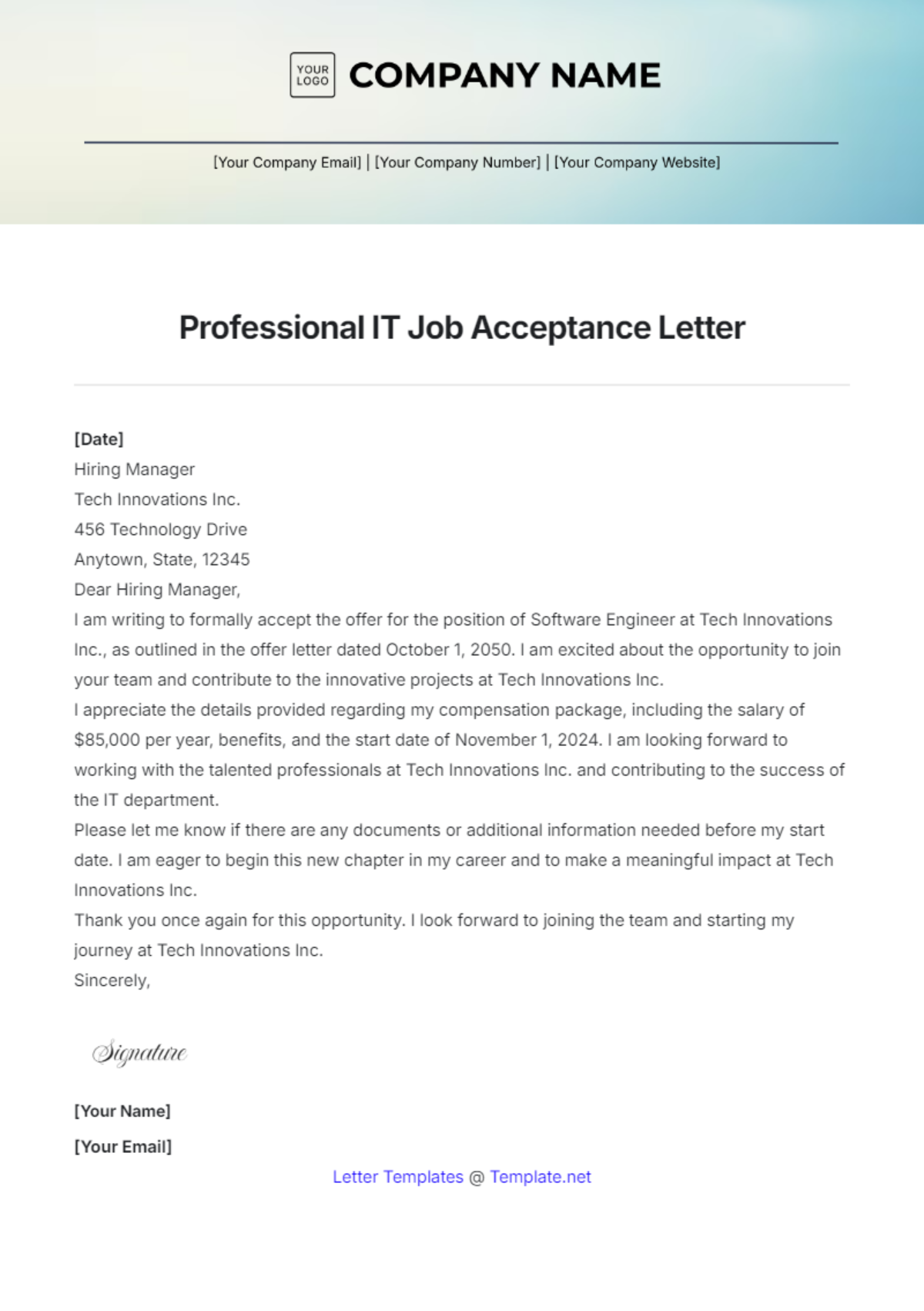 Professional IT Job Acceptance Letter Template - Edit Online & Download