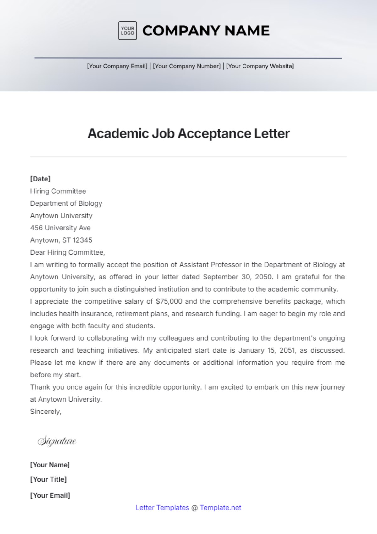 Academic Job Acceptance Letter Template - Edit Online & Download