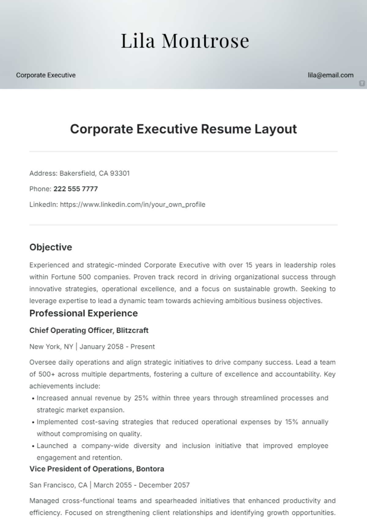 Corporate Executive Resume Layout Template - Edit Online & Download