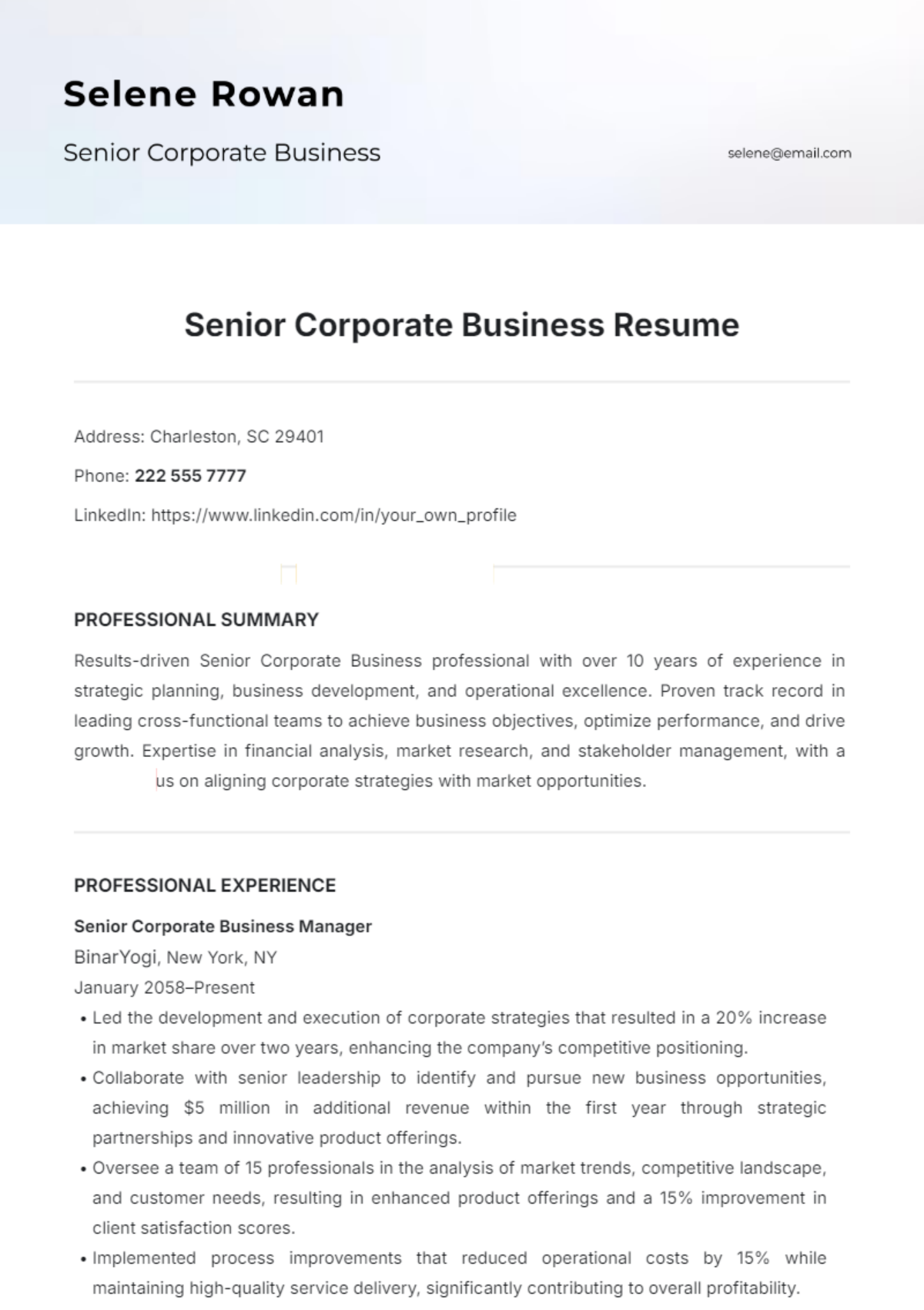 Senior Corporate Business Resume Template - Edit Online & Download