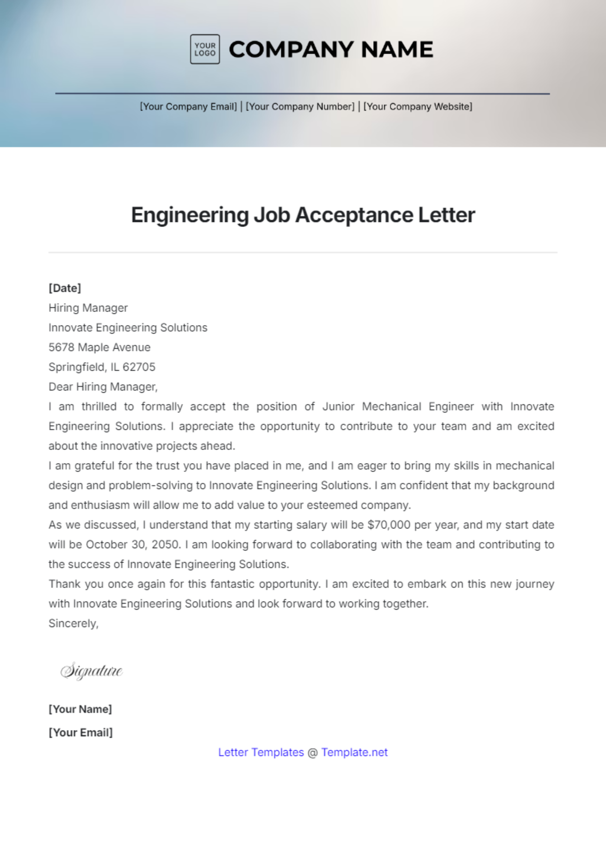 Engineering Job Acceptance Letter Template - Edit Online & Download