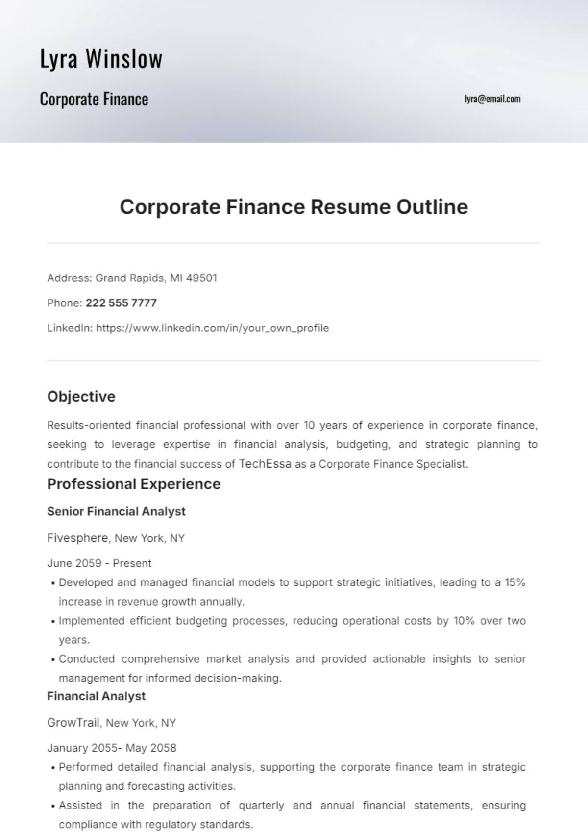 Corporate Finance Resume Outline Template - Edit Online & Download