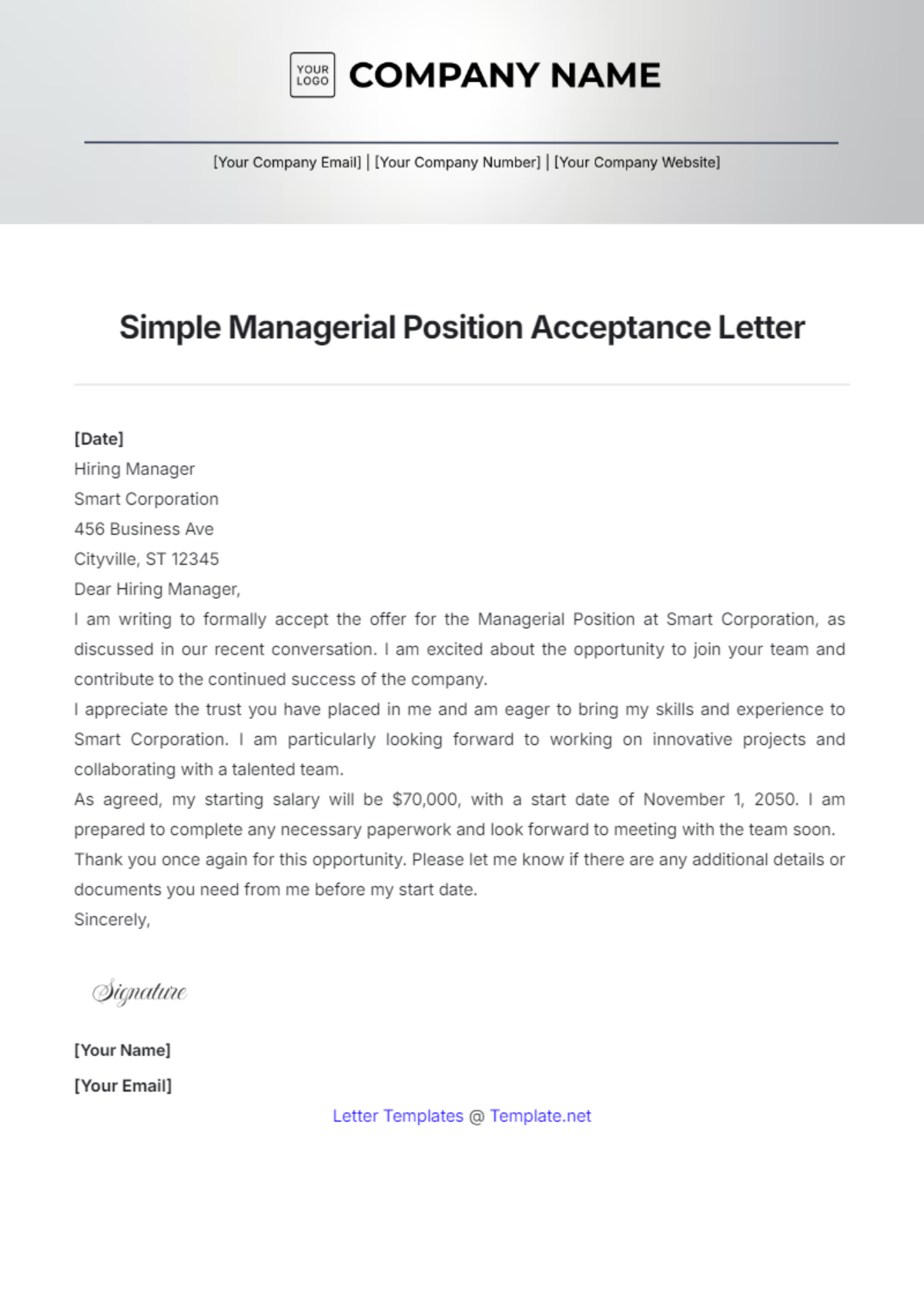 Simple Managerial Position Acceptance Letter Template - Edit Online & Download