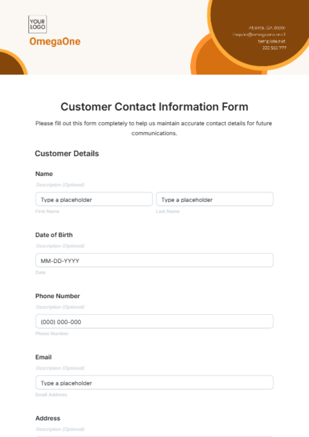 Customer Contact Information Form Template - Edit Online & Download