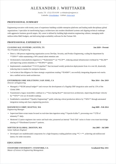 Free Executive Engineering ATS Resume Template, AI Resume Builder