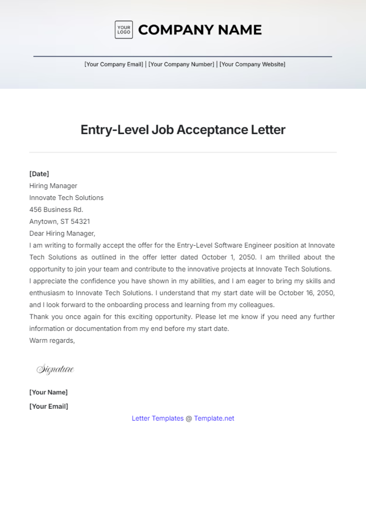 Entry-Level Job Acceptance Letter Template - Edit Online & Download