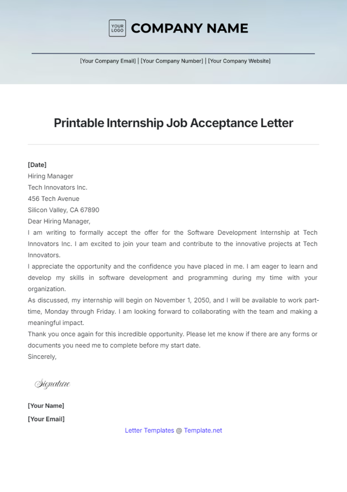 Printable Internship Job Acceptance Letter Template - Edit Online & Download