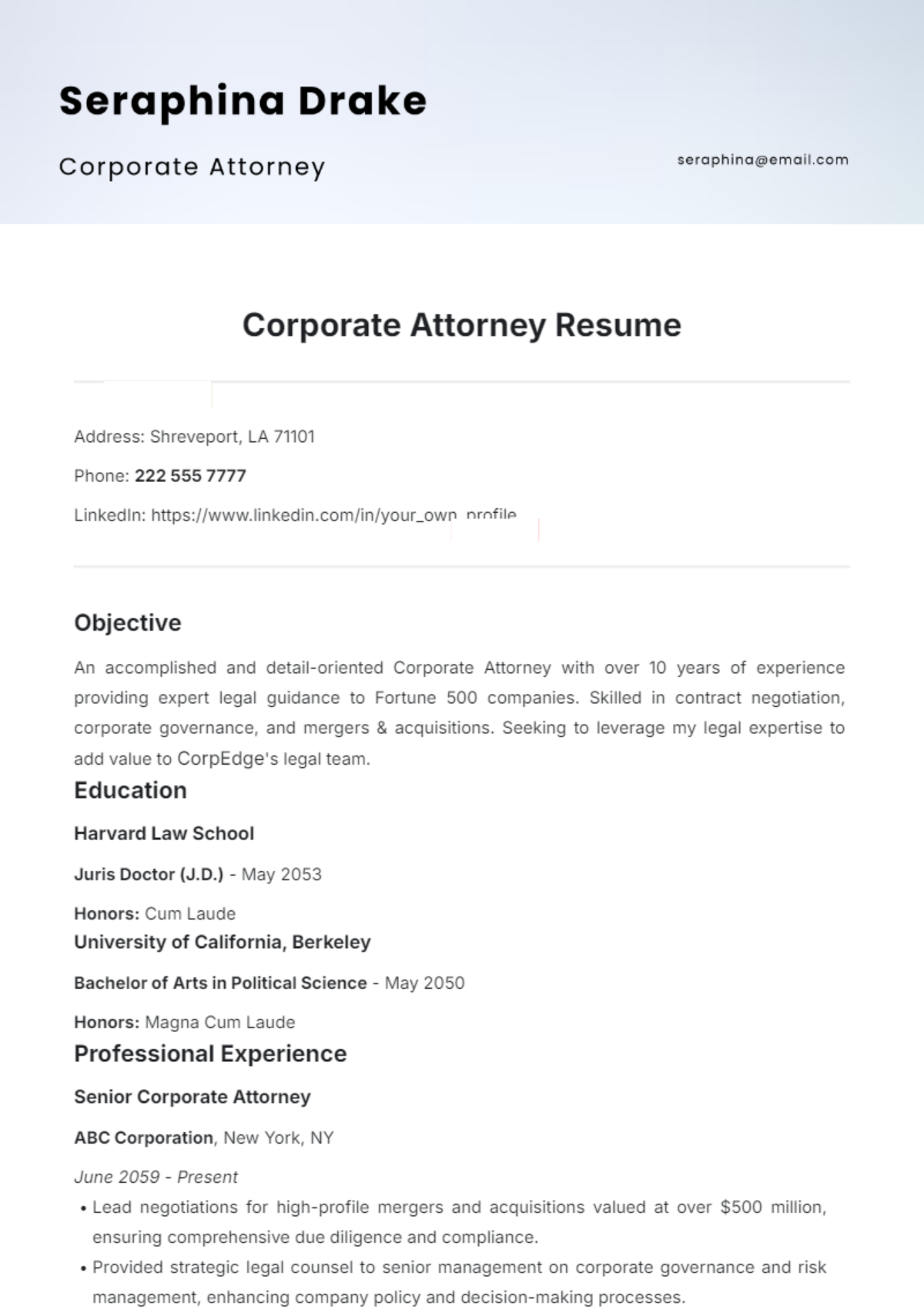 Corporate Attorney Resume Template - Edit Online & Download