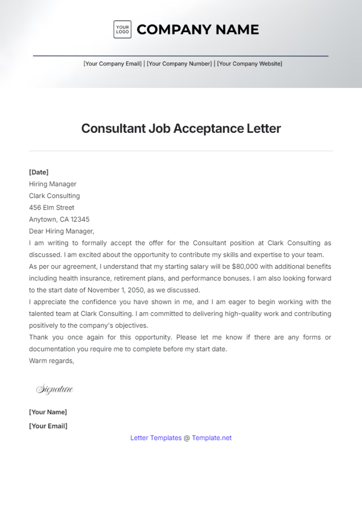 Consultant Job Acceptance Letter Template - Edit Online & Download