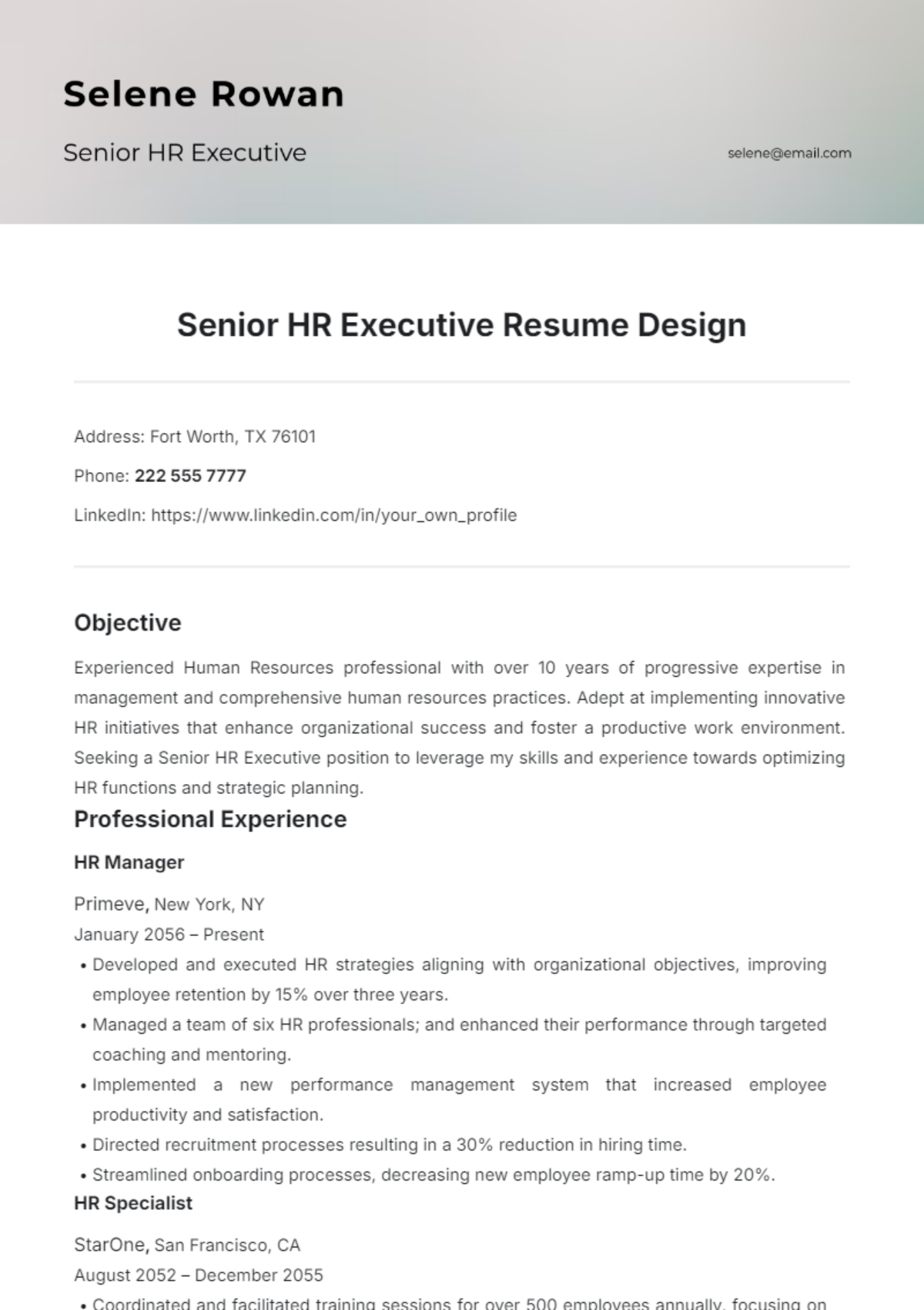 Senior HR Executive Resume Design Template - Edit Online & Download