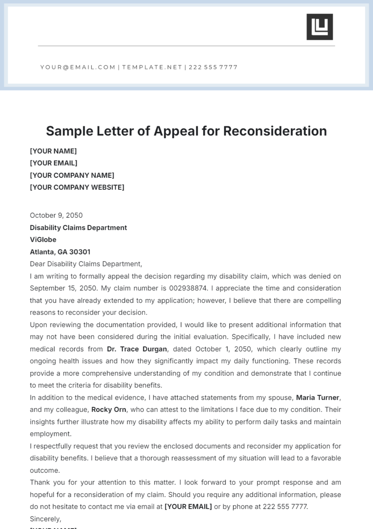 Free Sample Letter of Appeal for Reconsideration Template