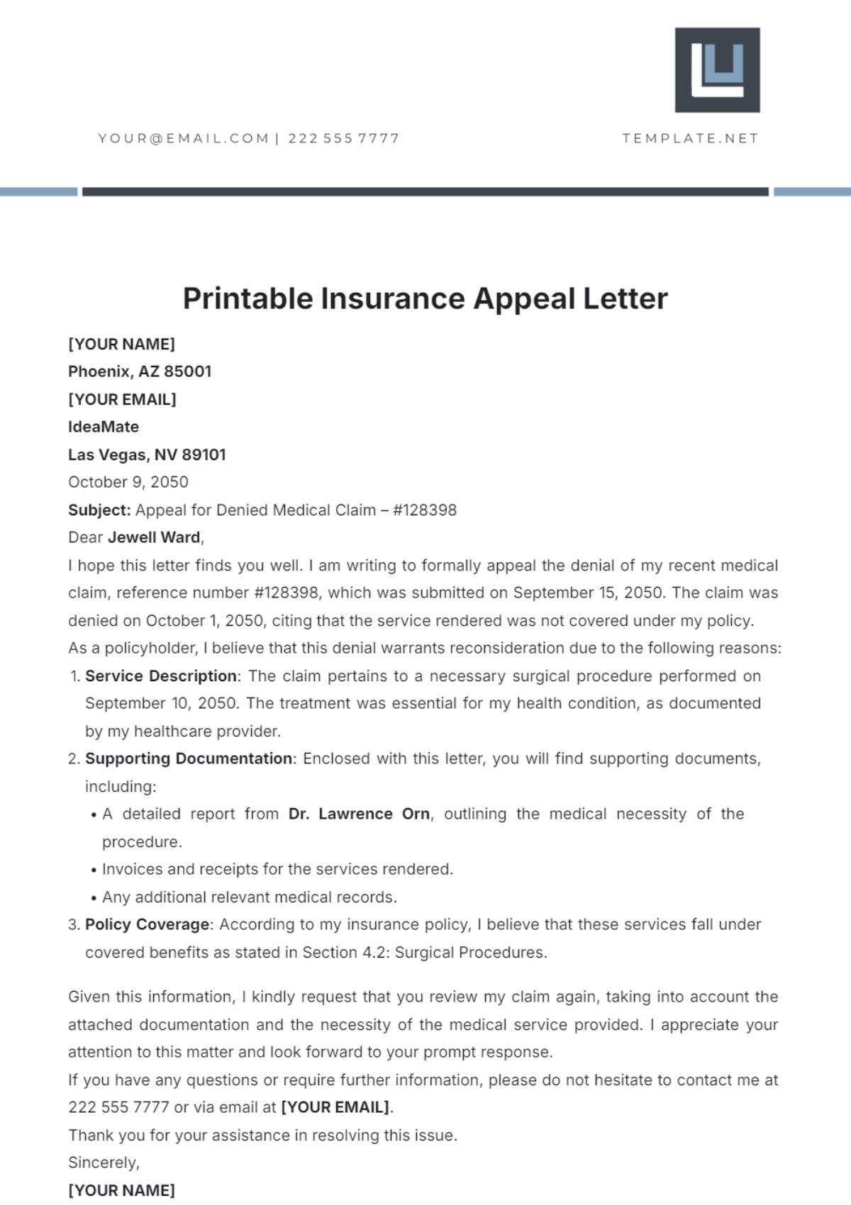 Free Printable Insurance Appeal Letter Template