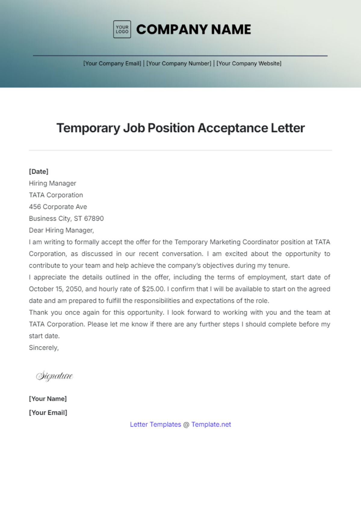 Temporary Job Position Acceptance Letter Template - Edit Online & Download