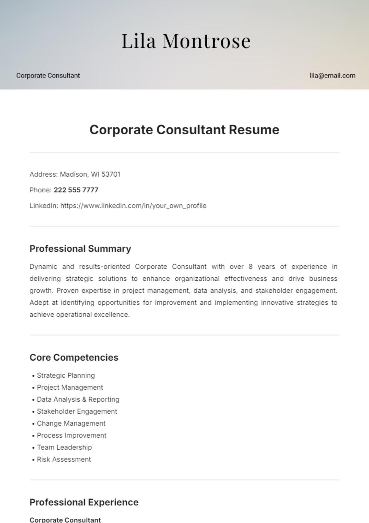 Corporate Consultant Resume Template - Edit Online & Download