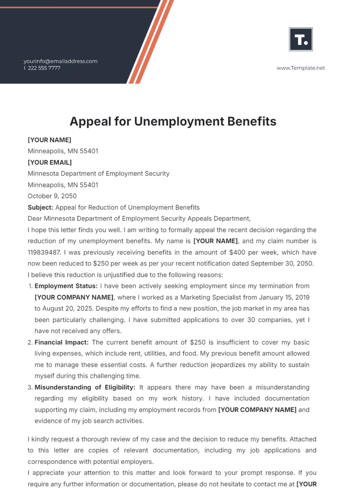 Free Appeal for Unemployment Benefits Template