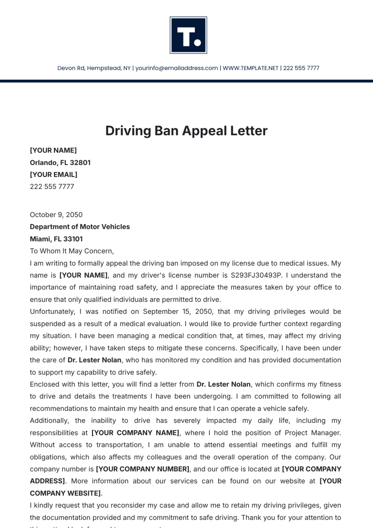 Free Driving Ban Appeal Letter Template