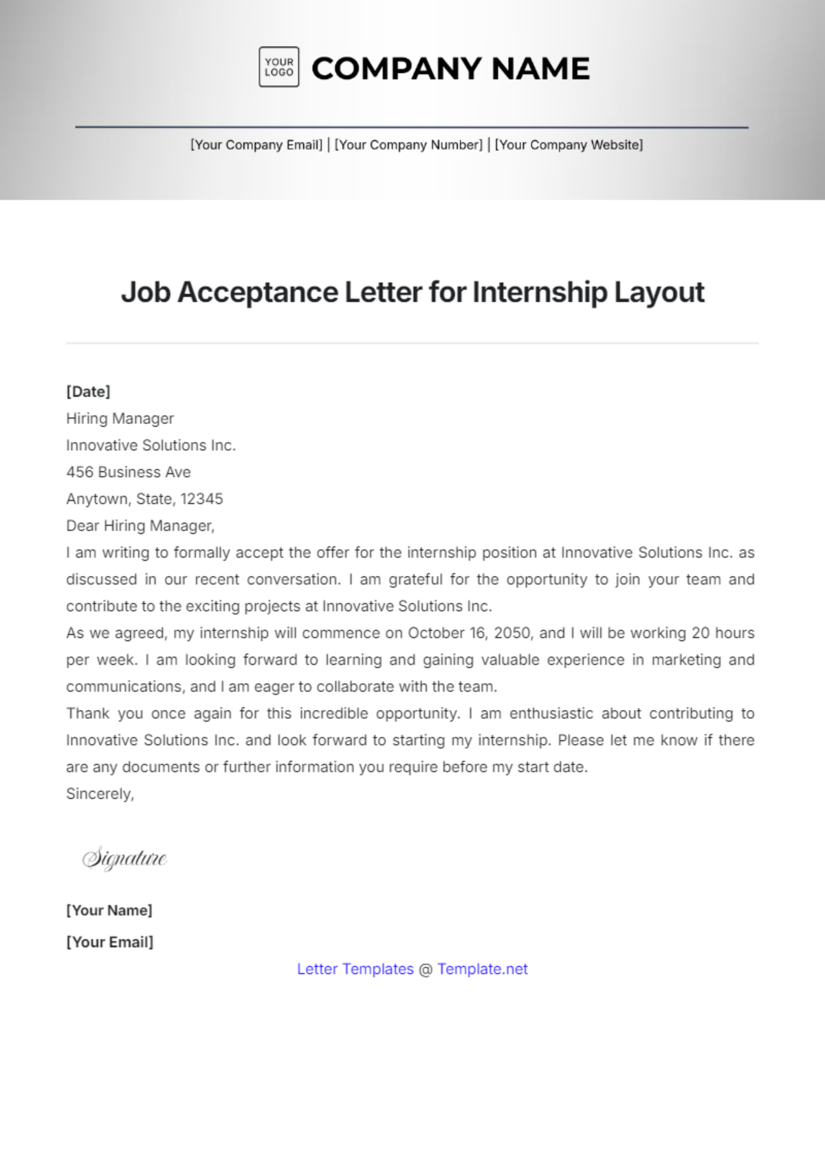 Job Acceptance Letter for Internship Layout Template - Edit Online & Download