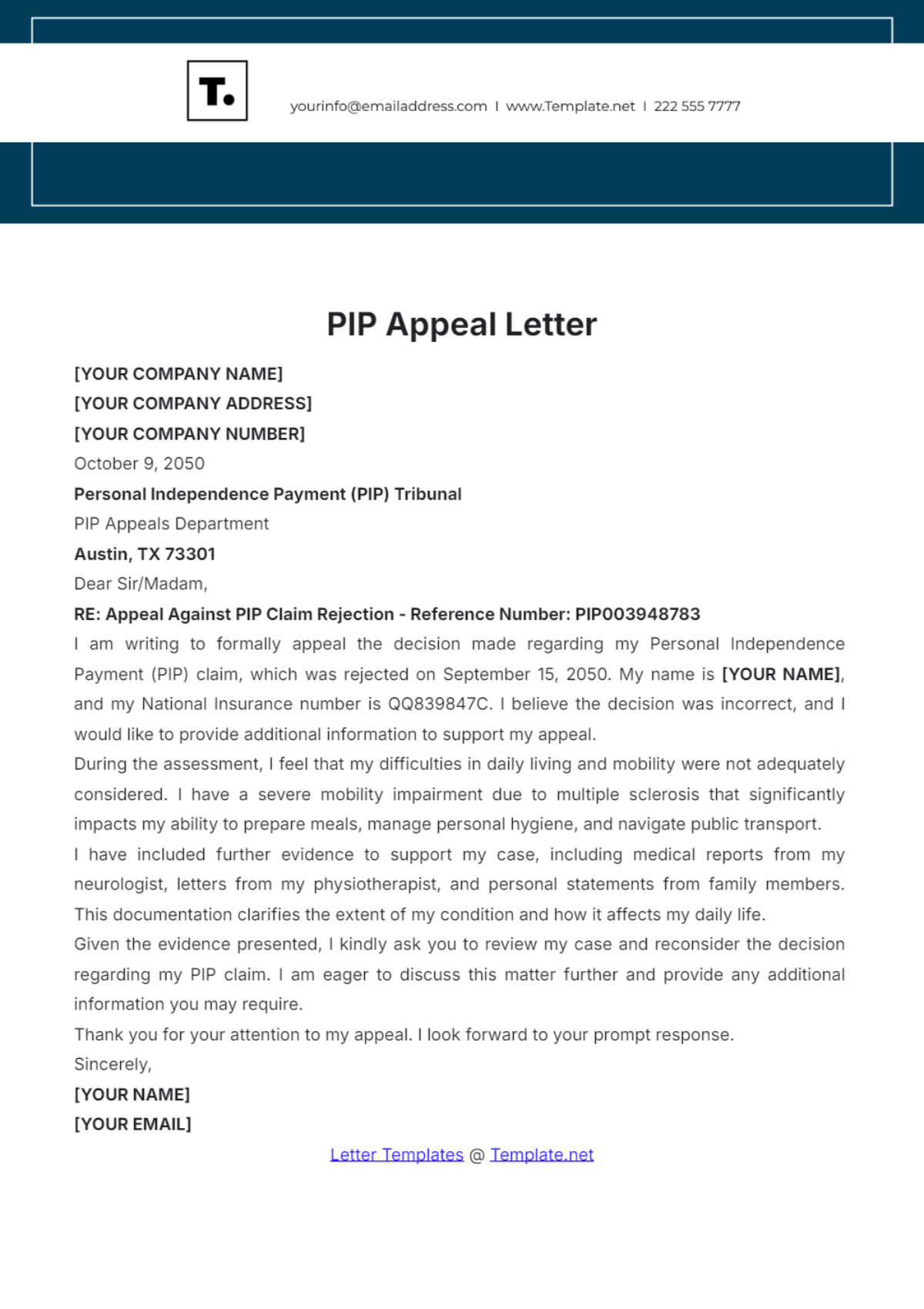 PIP Appeal Letter Template - Edit Online & Download