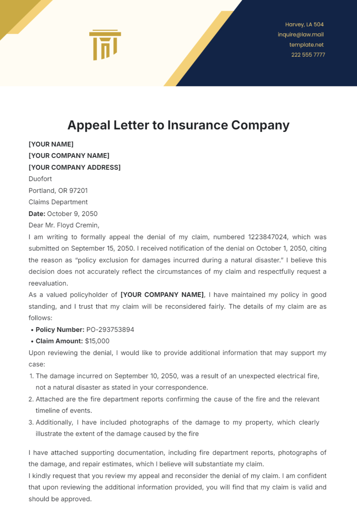 Appeal Letter to Insurance Company Template - Edit Online & Download