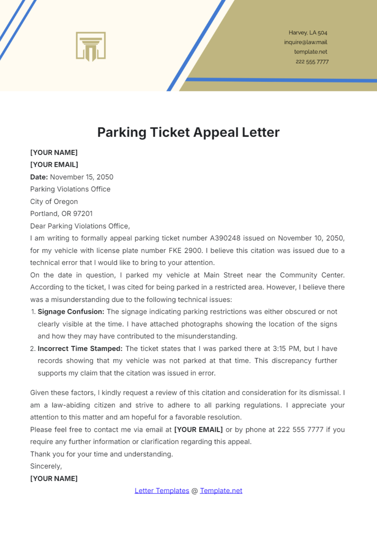 Free Parking Ticket Appeal Letter Template