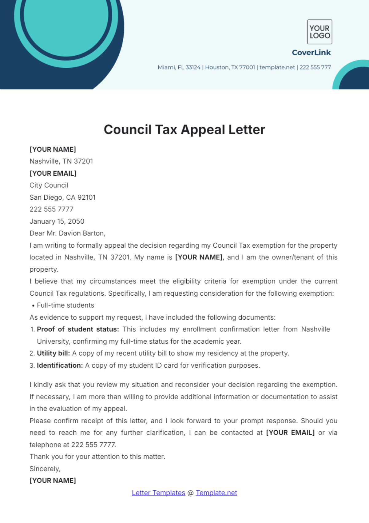 Council Tax Appeal Letter Template - Edit Online & Download