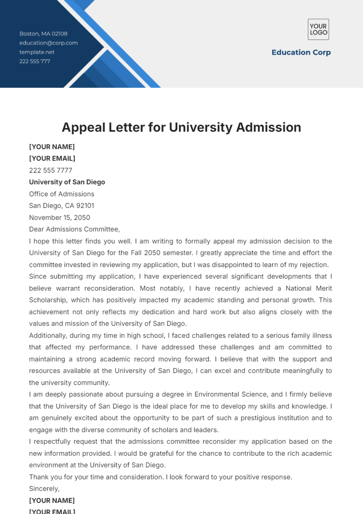 Free Appeal Letter for University Admission Template