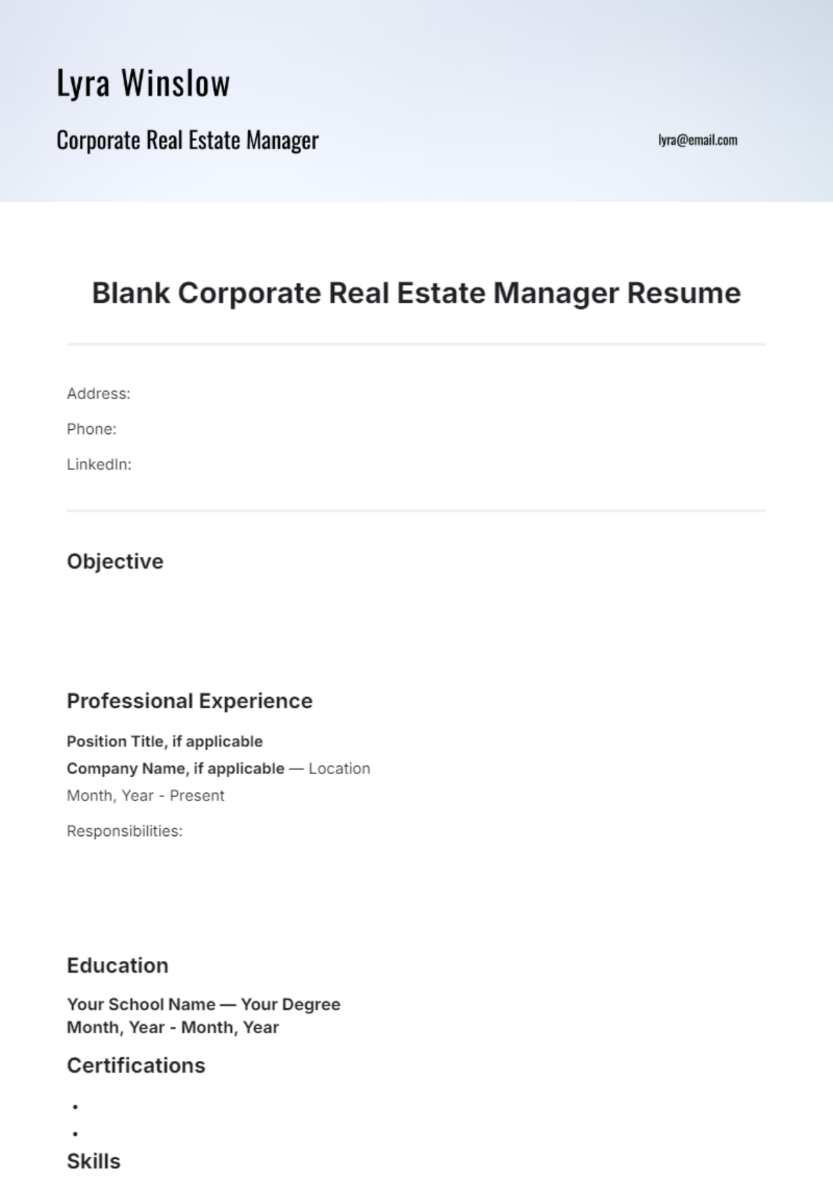 Blank Corporate Real Estate Manager Resume Template - Edit Online & Download