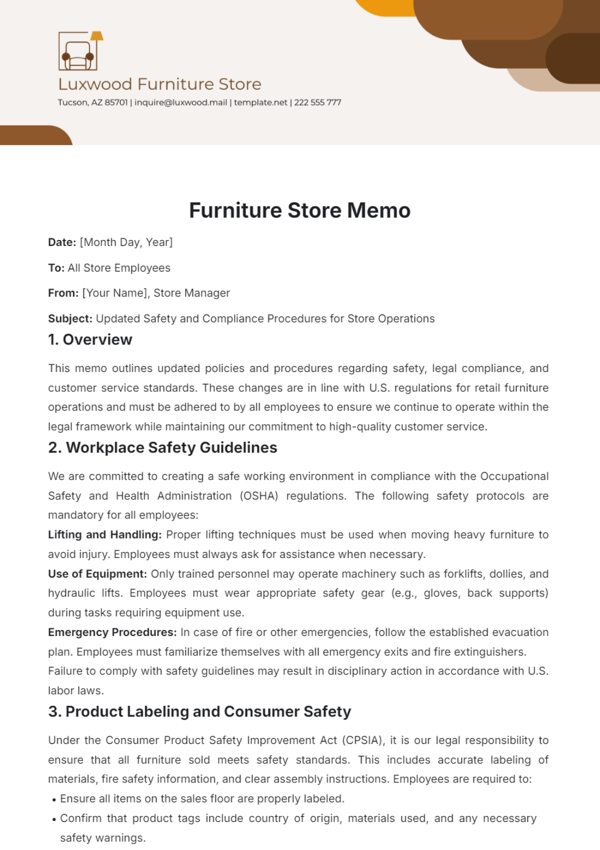 Furniture Store Memo Template